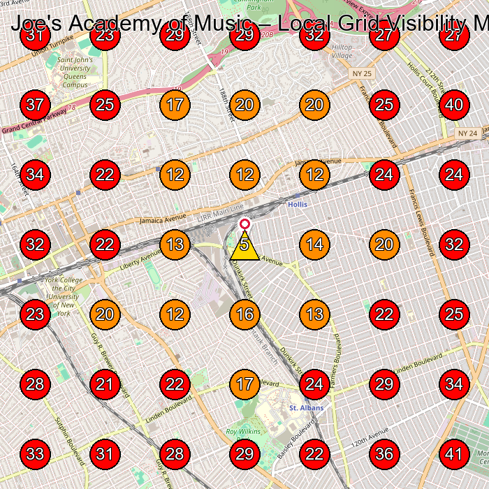 Joe's Academy of Music GeoGrid visibility map for Dance School in Queens
